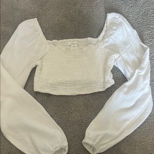 OPI White Smocked Crop Blouse with Long Sleeves